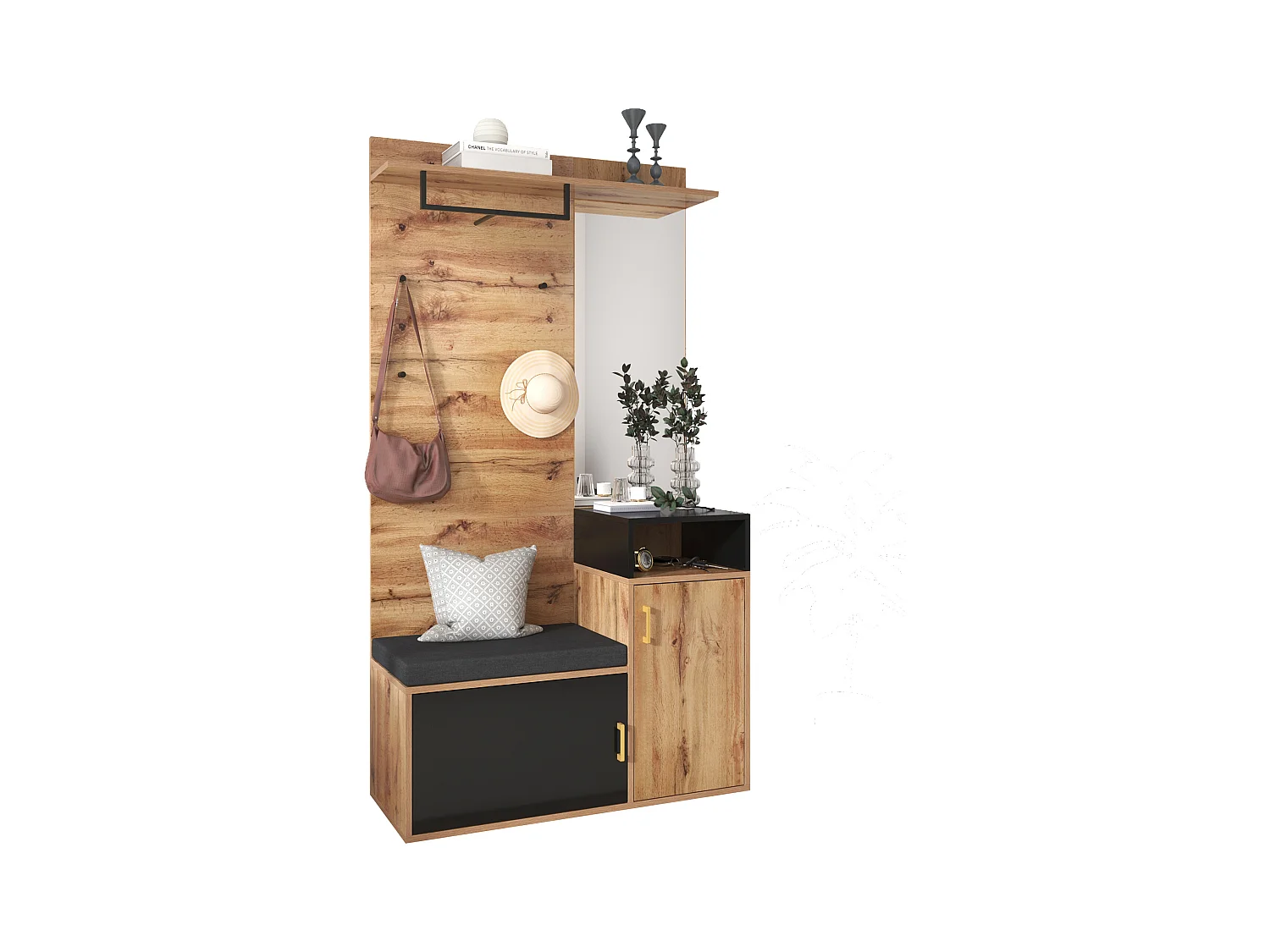 Entreeset met kapstok, spiegel, bank en opbergruimte, MDF en spaanplaat, zwart (105x40x191,5cm)