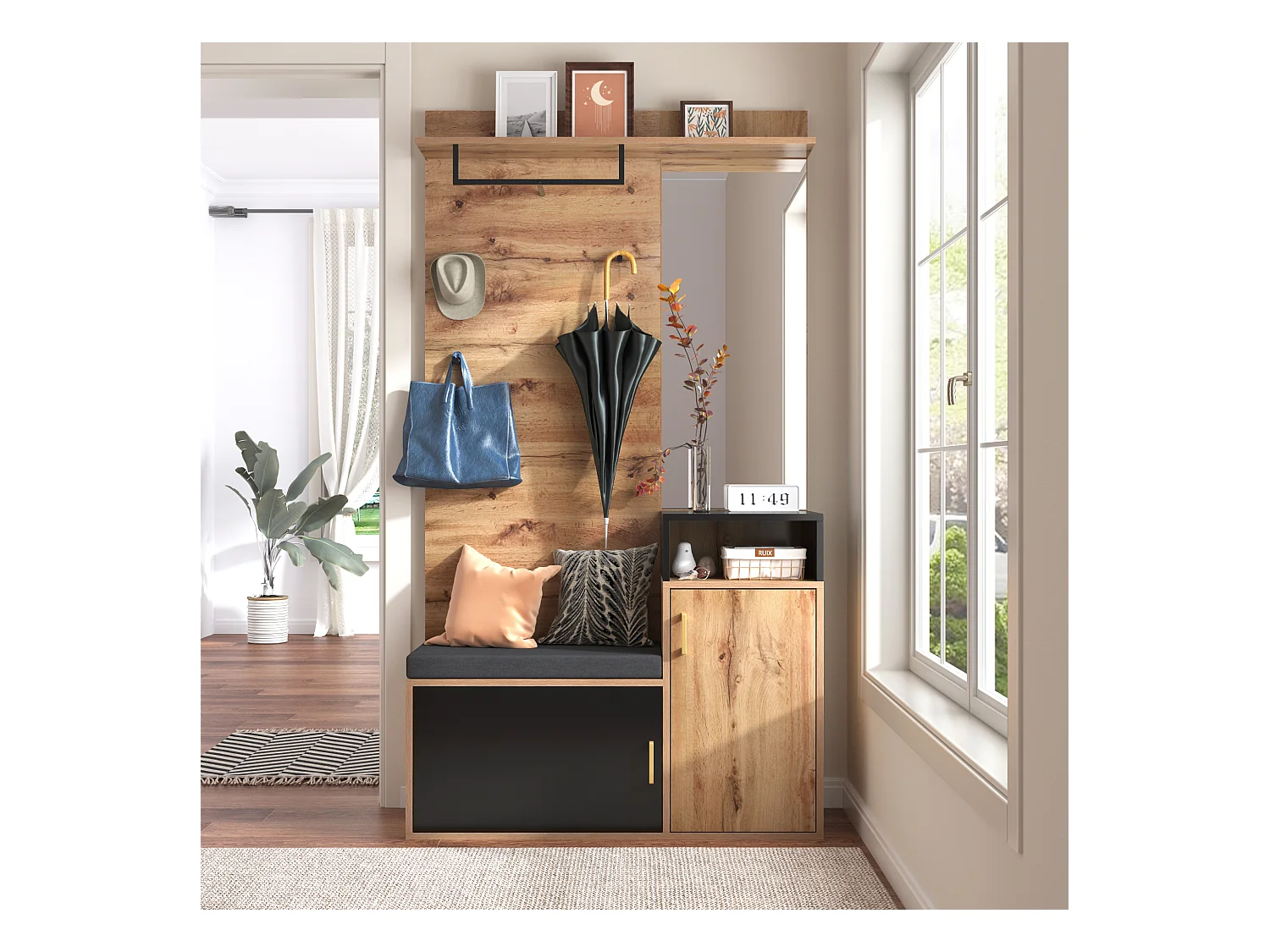 Set entrée avec porte-manteaux, miroir, banc et rangement, MDF et panneau de particules, noir (105x40x191.5cm)
