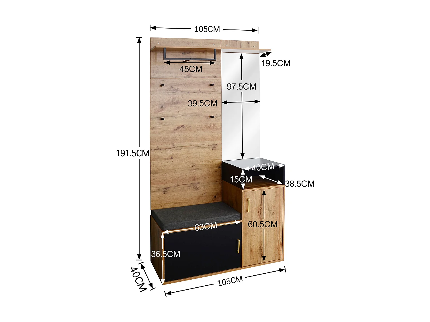 Set entrée avec porte-manteaux, miroir, banc et rangement, MDF et panneau de particules, noir (105x40x191.5cm)
