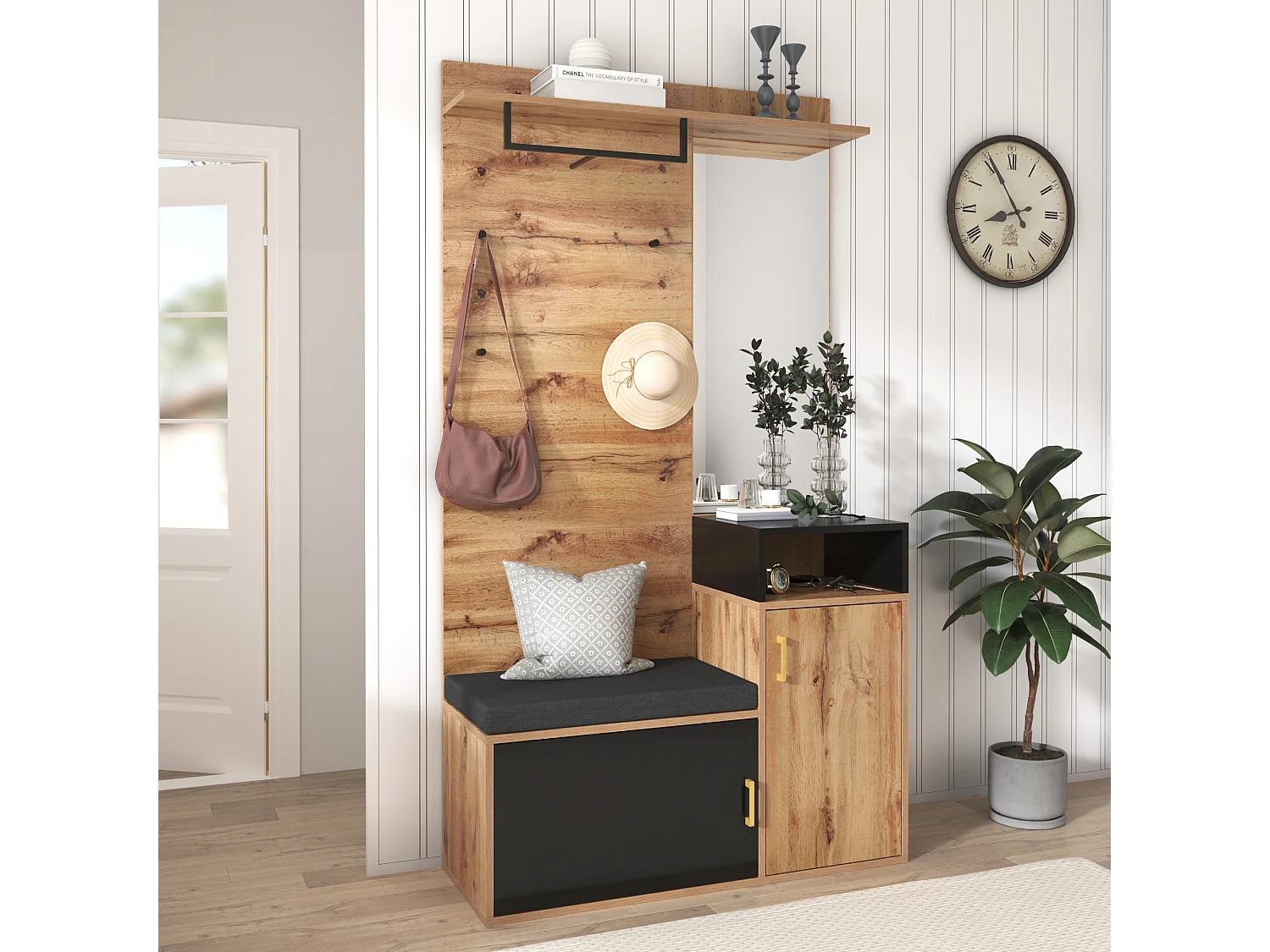 Set entrée avec porte-manteaux, miroir, banc et rangement, MDF et panneau de particules, noir (105x40x191.5cm)