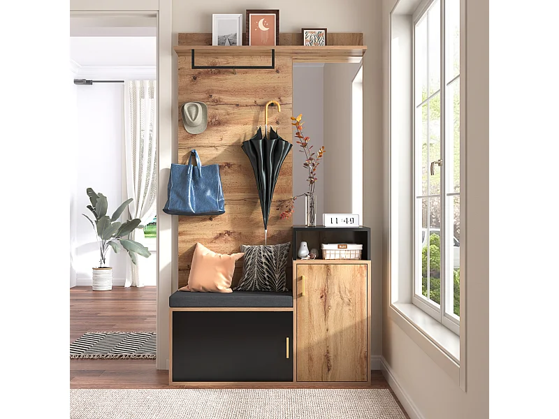 Set da ingresso con appendiabiti, specchio, panca e contenitore, MDF e truciolato, nero (105x40x191,5cm)