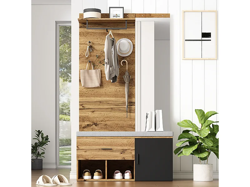 Appendiabiti con specchio e scarpiera, design pratico, pannello truciolare, colore rovere (190x104x39 cm)