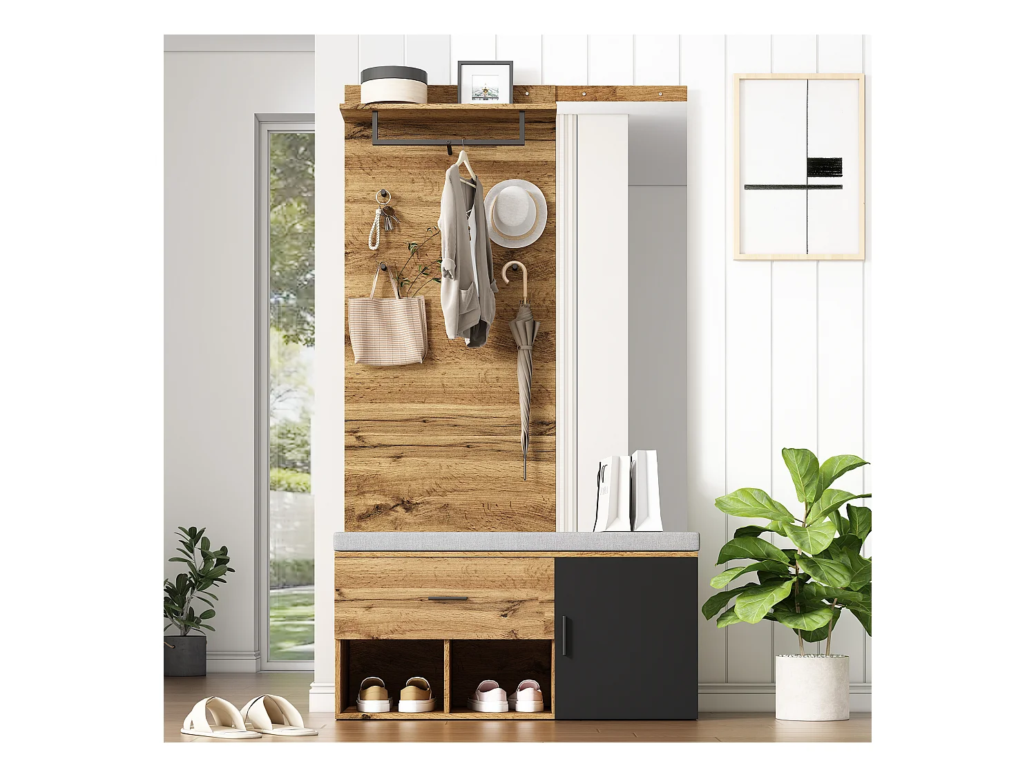 Appendiabiti con specchio e scarpiera, design pratico, pannello truciolare, colore rovere (190x104x39 cm)