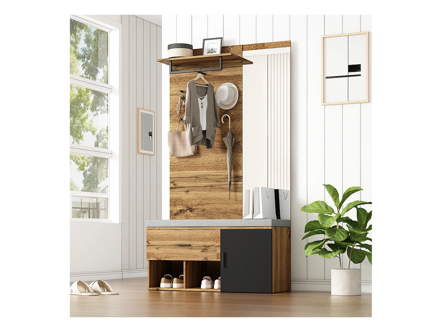 Appendiabiti con specchio e scarpiera, design pratico, pannello truciolare, colore rovere (190x104x39 cm)