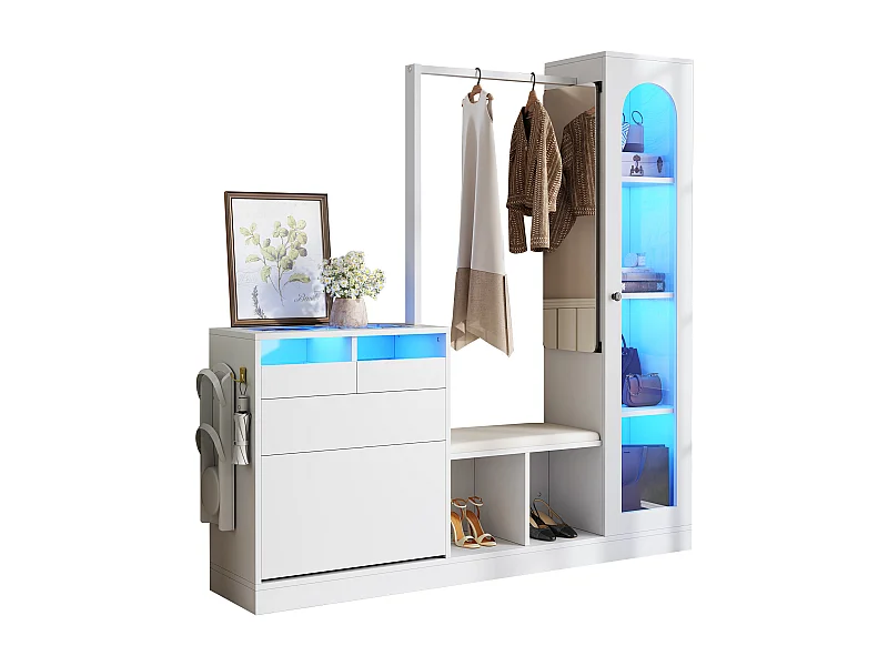 6-in-1 entreecombinatie met ledverlichting, spaanplaat, wit (163x35x161cm)