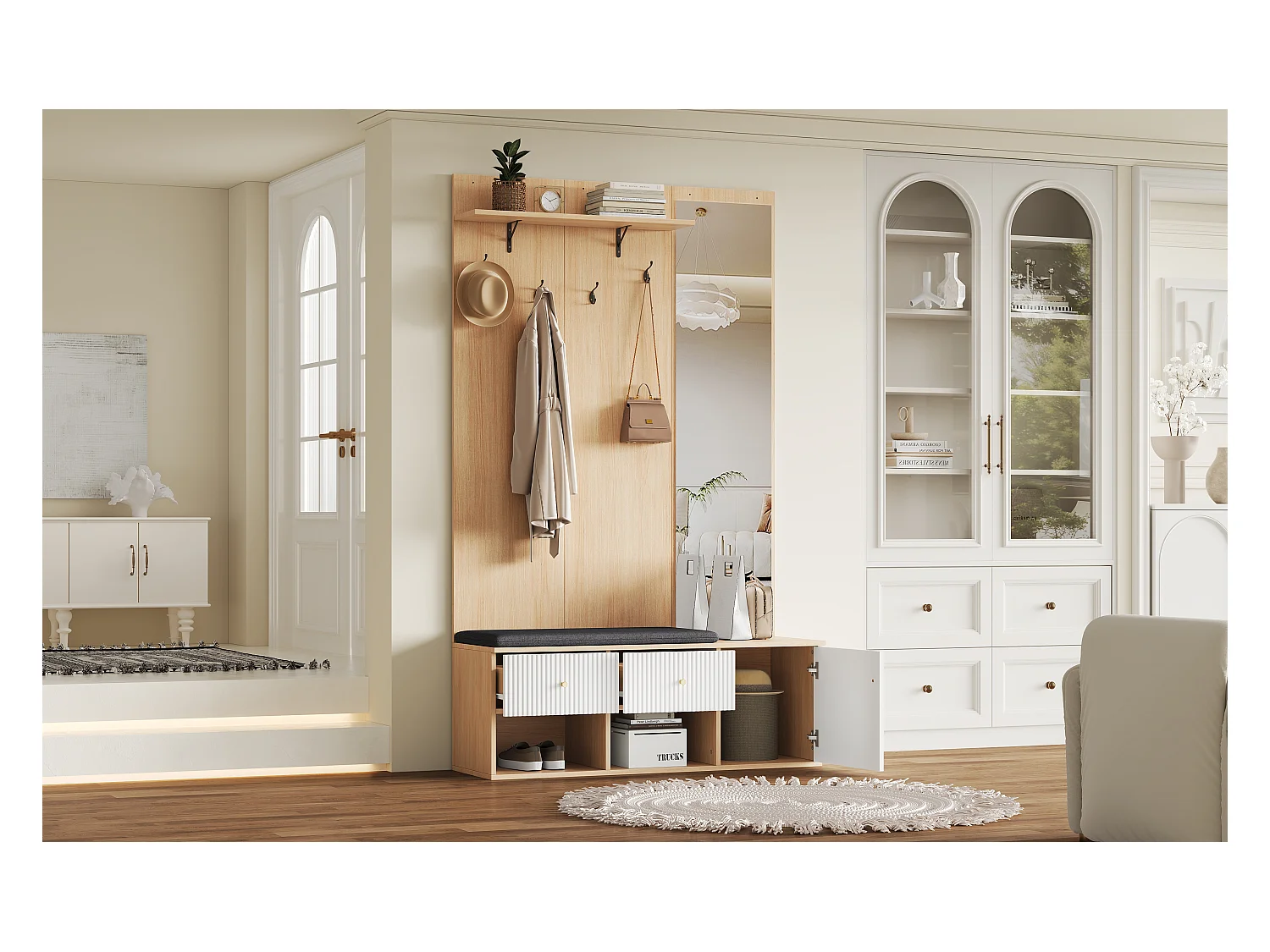 Porte-manteau multifonction haut avec miroir, banc chaussures, étagère et tiroirs, MDF, blanc et chêne (120x40x200cm)