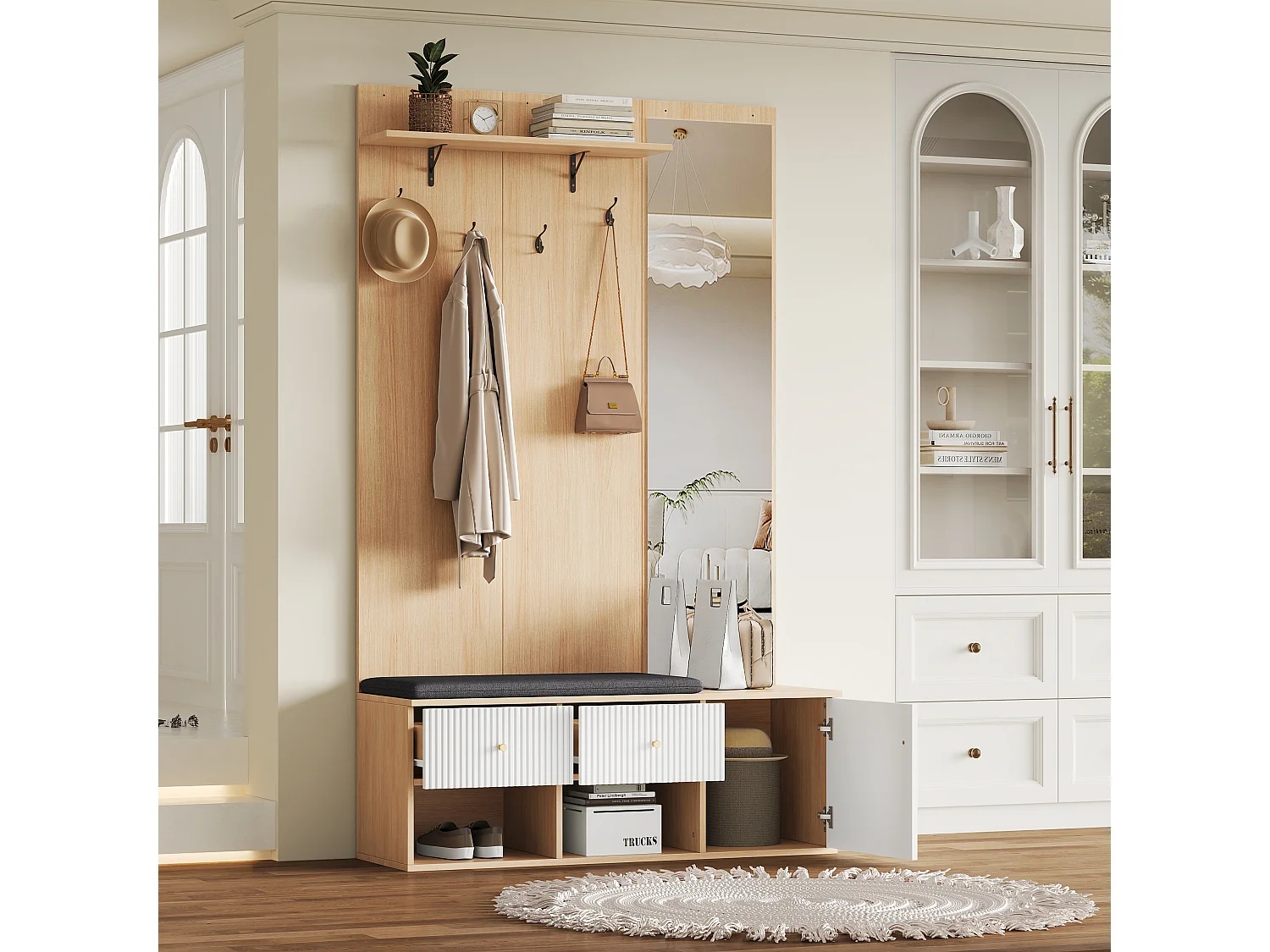 Porte-manteau multifonction haut avec miroir, banc chaussures, étagère et tiroirs, MDF, blanc et chêne (120x40x200cm)