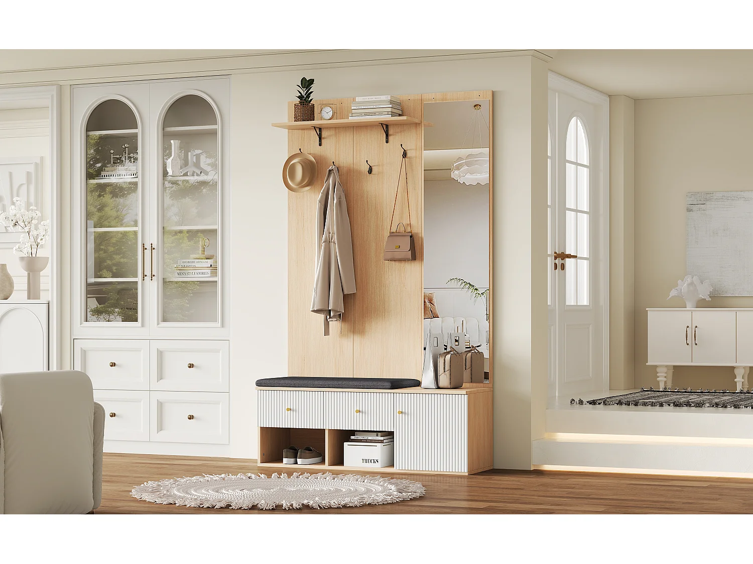 Porte-manteau multifonction haut avec miroir, banc chaussures, étagère et tiroirs, MDF, blanc et chêne (120x40x200cm)