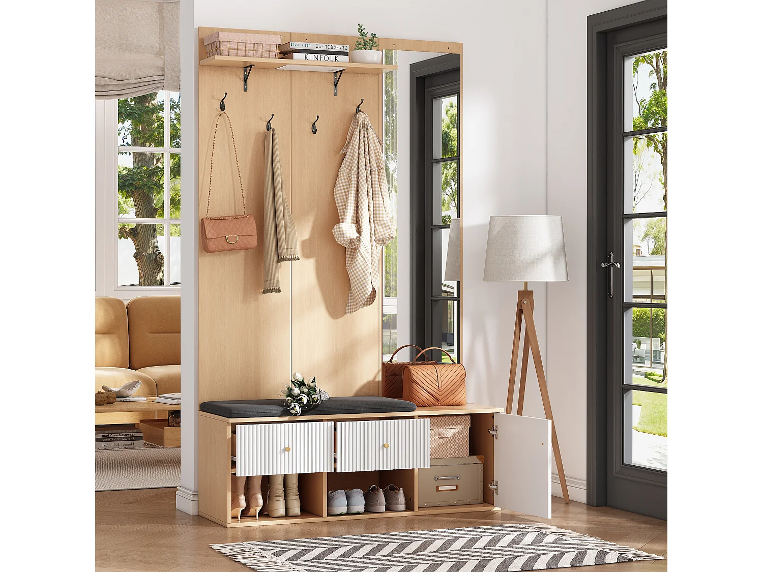 Hoge multifunctionele kapstok met spiegel, schoenenbank, plank en lades, MDF, wit en eiken (120x40x200cm)