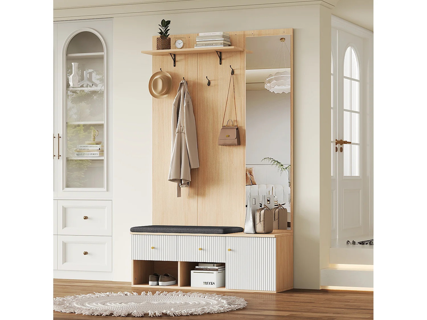 Hoge multifunctionele kapstok met spiegel, schoenenbank, plank en lades, MDF, wit en eiken (120x40x200cm)