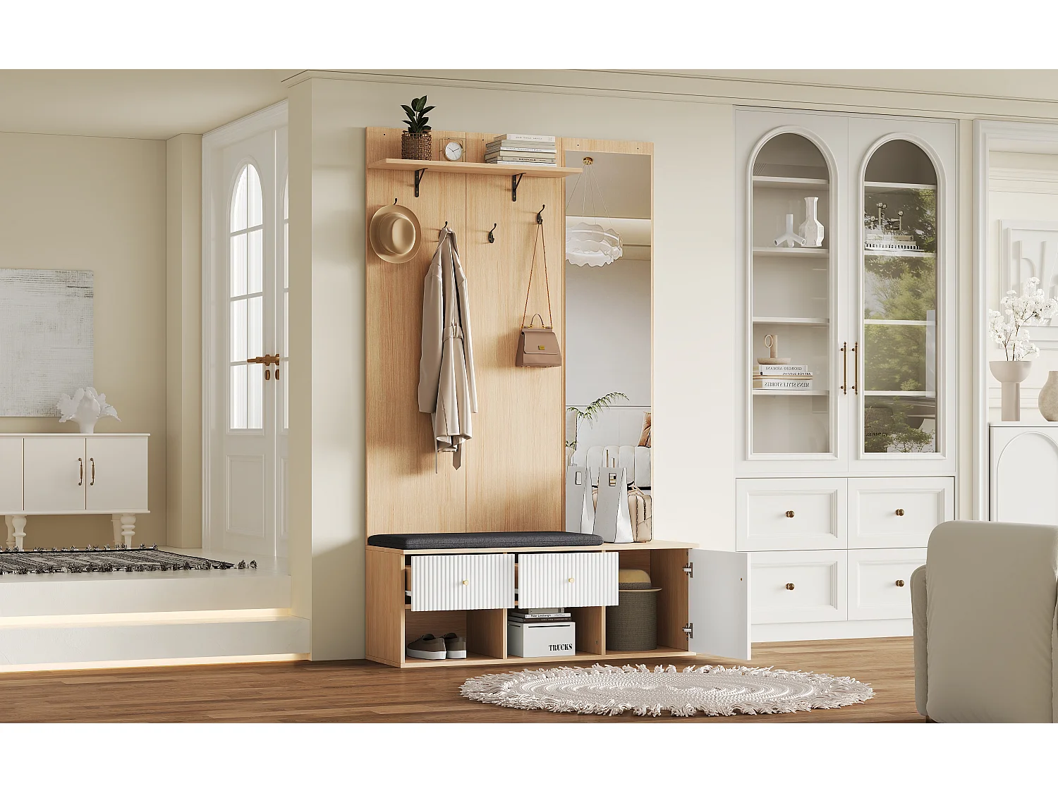 Hoge multifunctionele kapstok met spiegel, schoenenbank, plank en lades, MDF, wit en eiken (120x40x200cm)