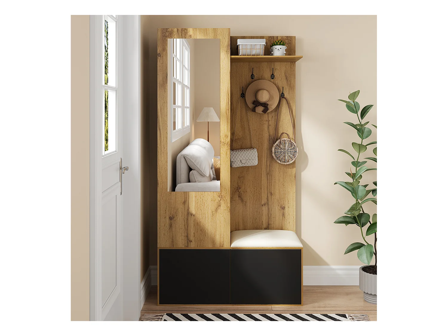 Ensemble de placard d'entrée avec 5 crochets, miroir, rangement à chaussures et banc, MDF, noir et naturel (100x38x191cm)