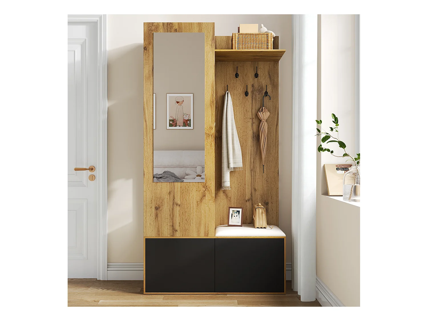 Ensemble de placard d'entrée avec 5 crochets, miroir, rangement à chaussures et banc, MDF, noir et naturel (100x38x191cm)