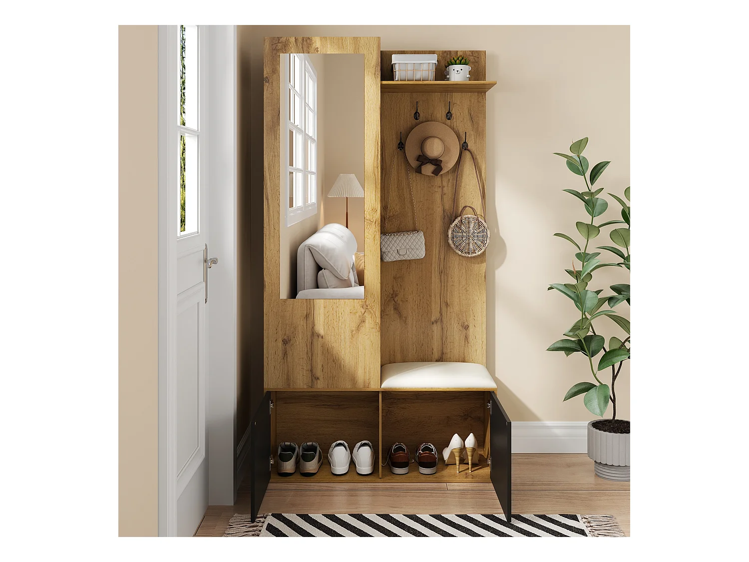 Ensemble de placard d'entrée avec 5 crochets, miroir, rangement à chaussures et banc, MDF, noir et naturel (100x38x191cm)