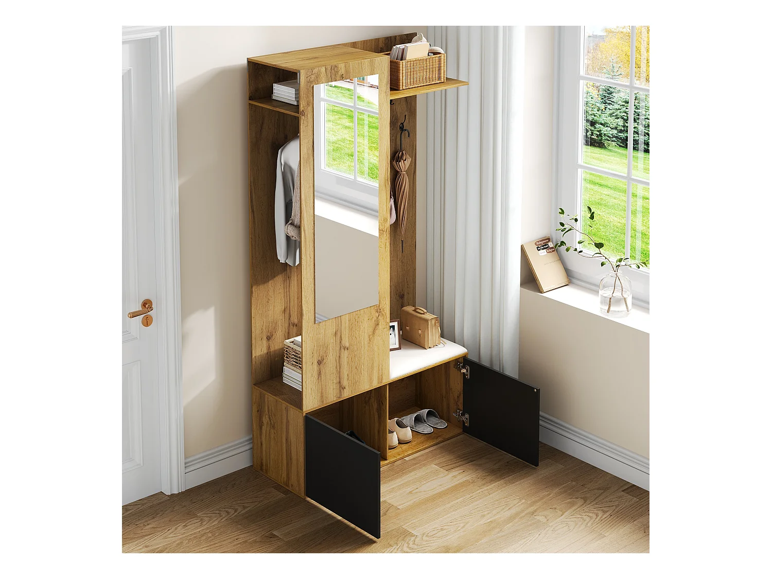 Ensemble de placard d'entrée avec 5 crochets, miroir, rangement à chaussures et banc, MDF, noir et naturel (100x38x191cm)