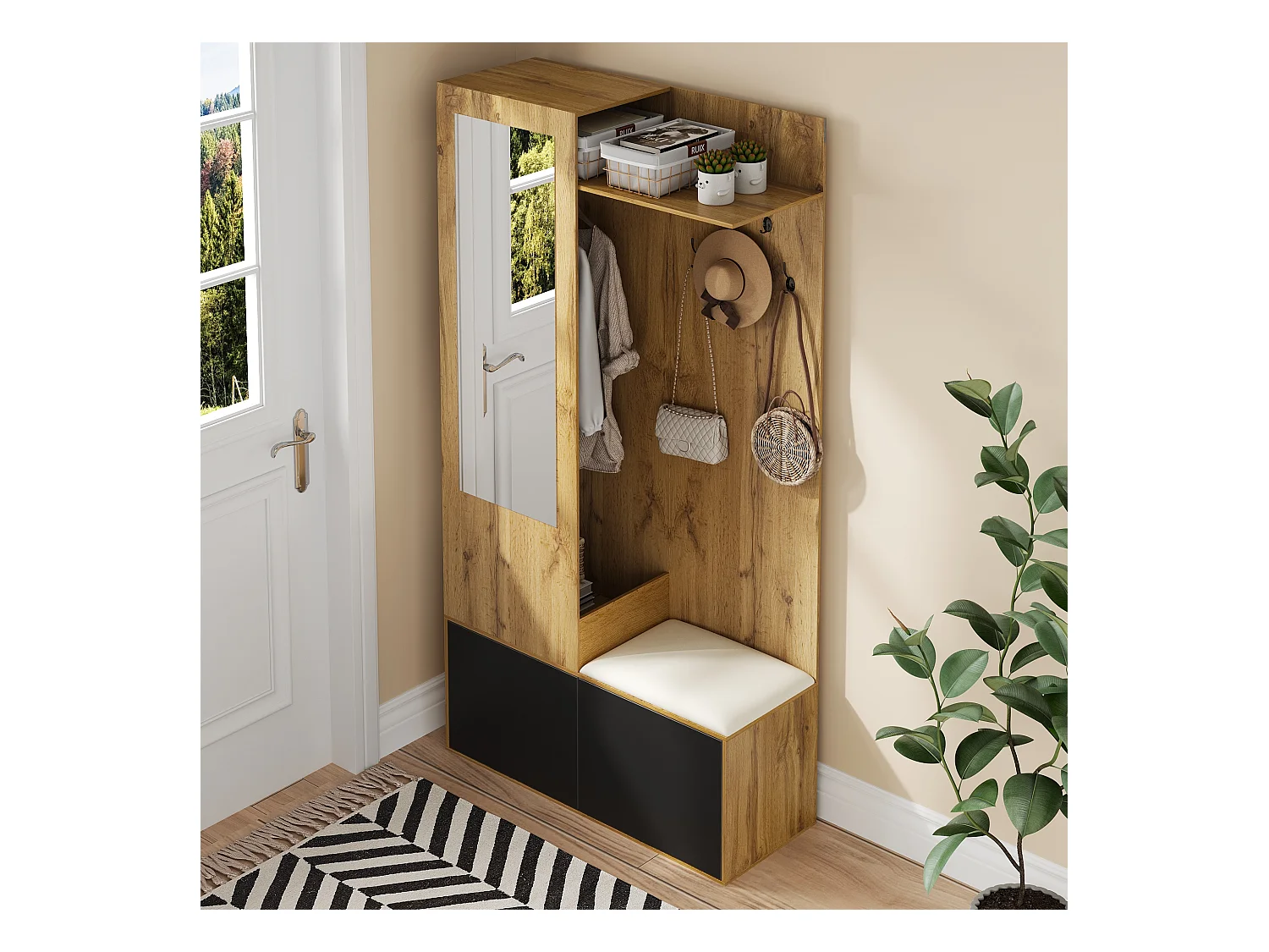 Ensemble de placard d'entrée avec 5 crochets, miroir, rangement à chaussures et banc, MDF, noir et naturel (100x38x191cm)