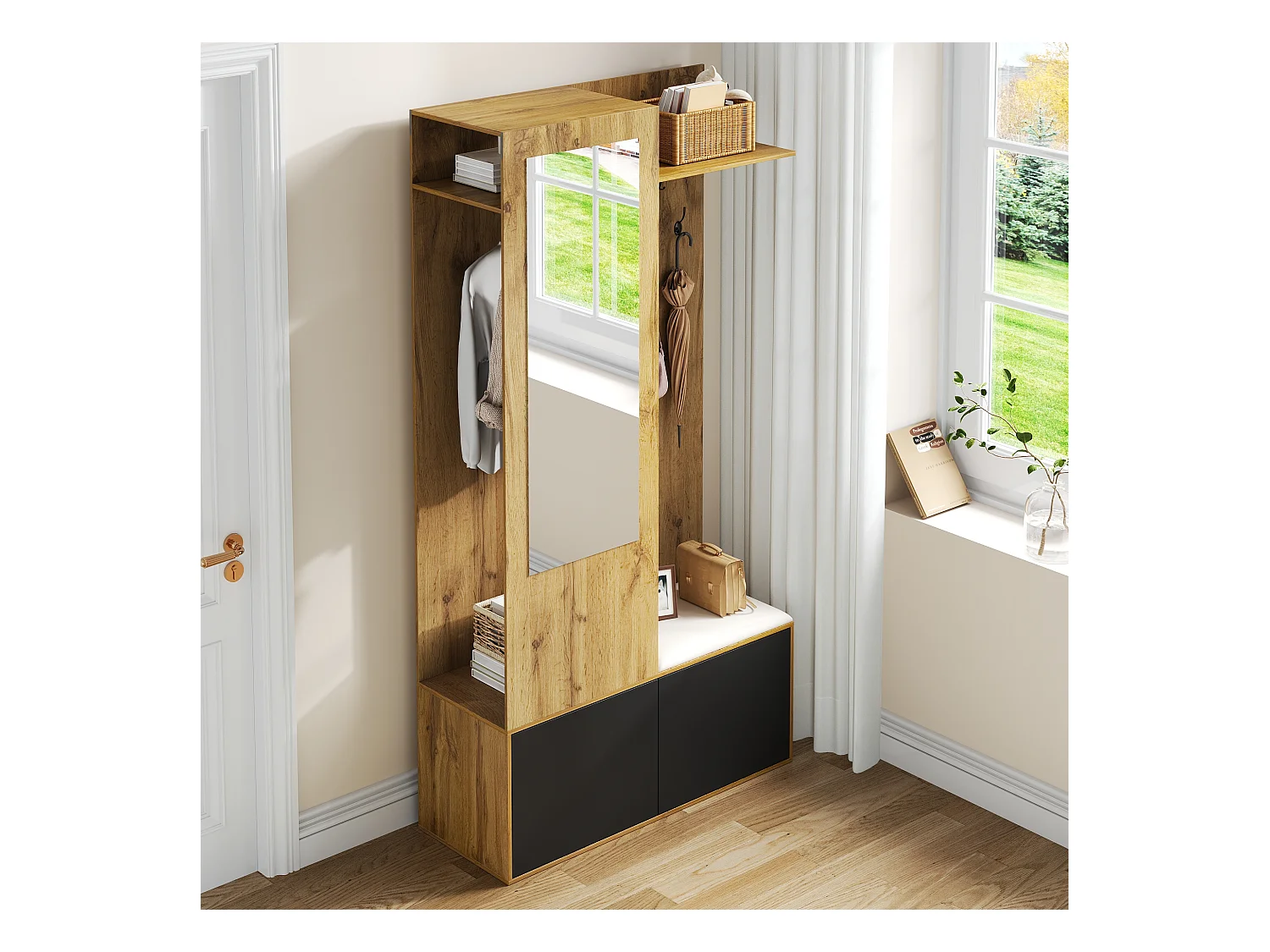 Ensemble de placard d'entrée avec 5 crochets, miroir, rangement à chaussures et banc, MDF, noir et naturel (100x38x191cm)