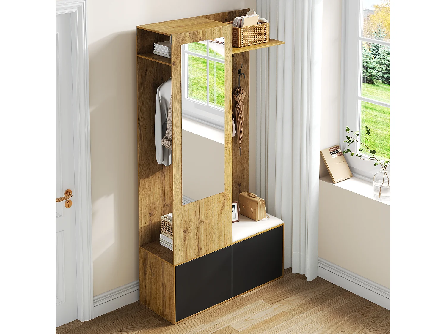 Ensemble de placard d'entrée avec 5 crochets, miroir, rangement à chaussures et banc, MDF, noir et naturel (100x38x191cm)