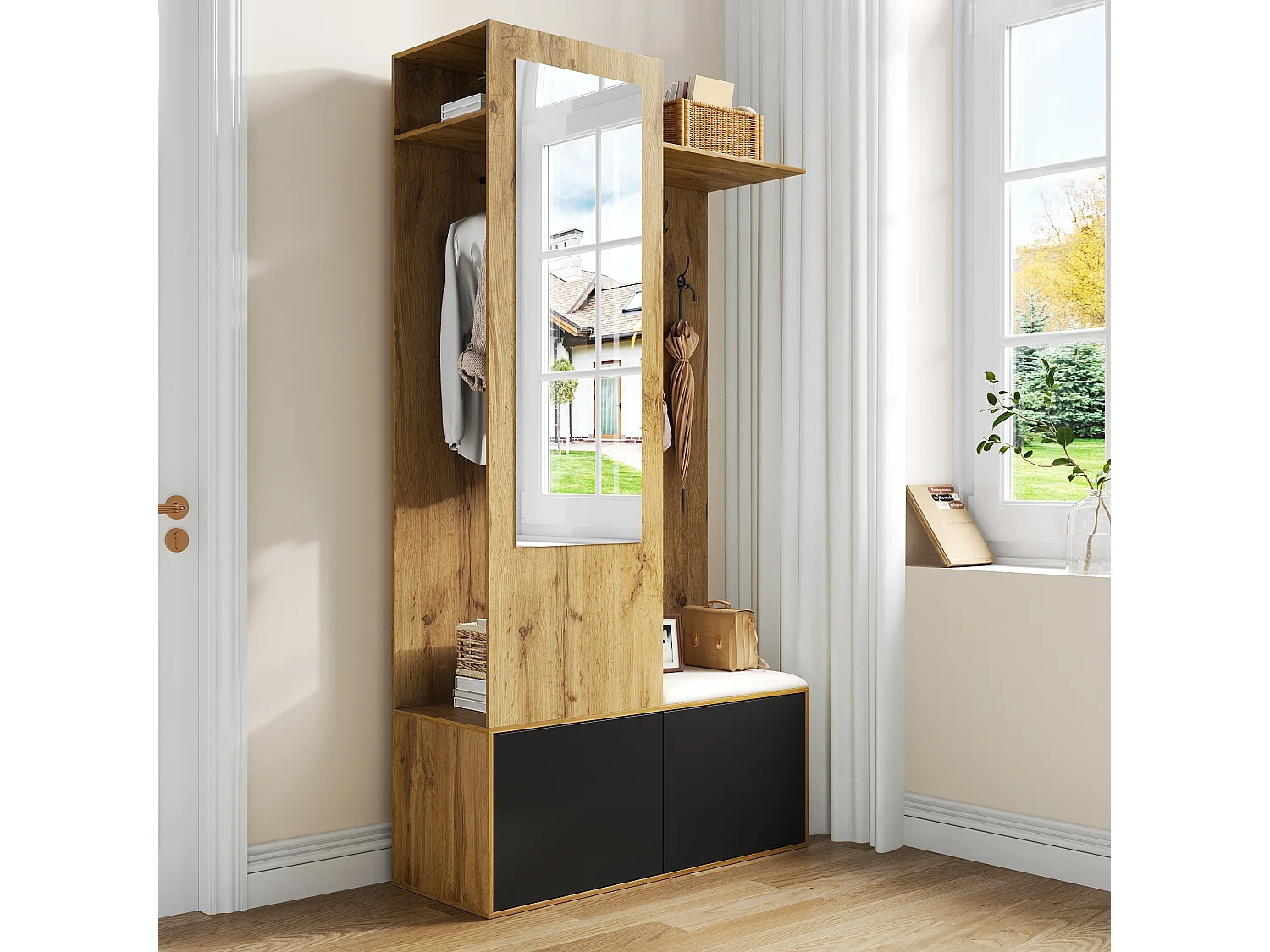 Ensemble de placard d'entrée avec 5 crochets, miroir, rangement à chaussures et banc, MDF, noir et naturel (100x38x191cm)