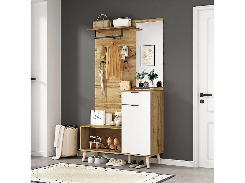 Mobile ingresso multifunzionale con specchio, scarpiera e contenitore, pannello truciolare, colore rovere (104x37x190 cm)