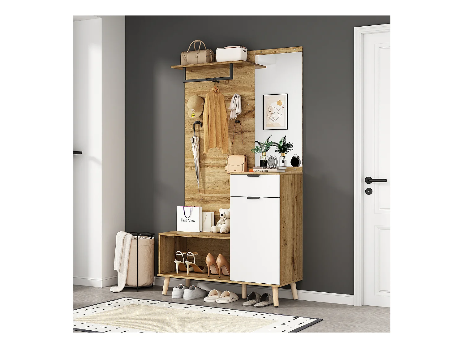 Mobile ingresso multifunzionale con specchio, scarpiera e contenitore, pannello truciolare, colore rovere (104x37x190 cm)