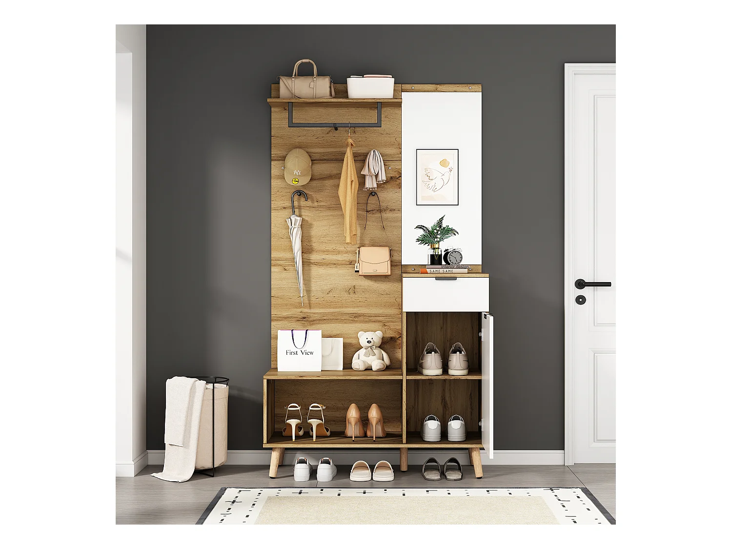 Mobile ingresso multifunzionale con specchio, scarpiera e contenitore, pannello truciolare, colore rovere (104x37x190 cm)