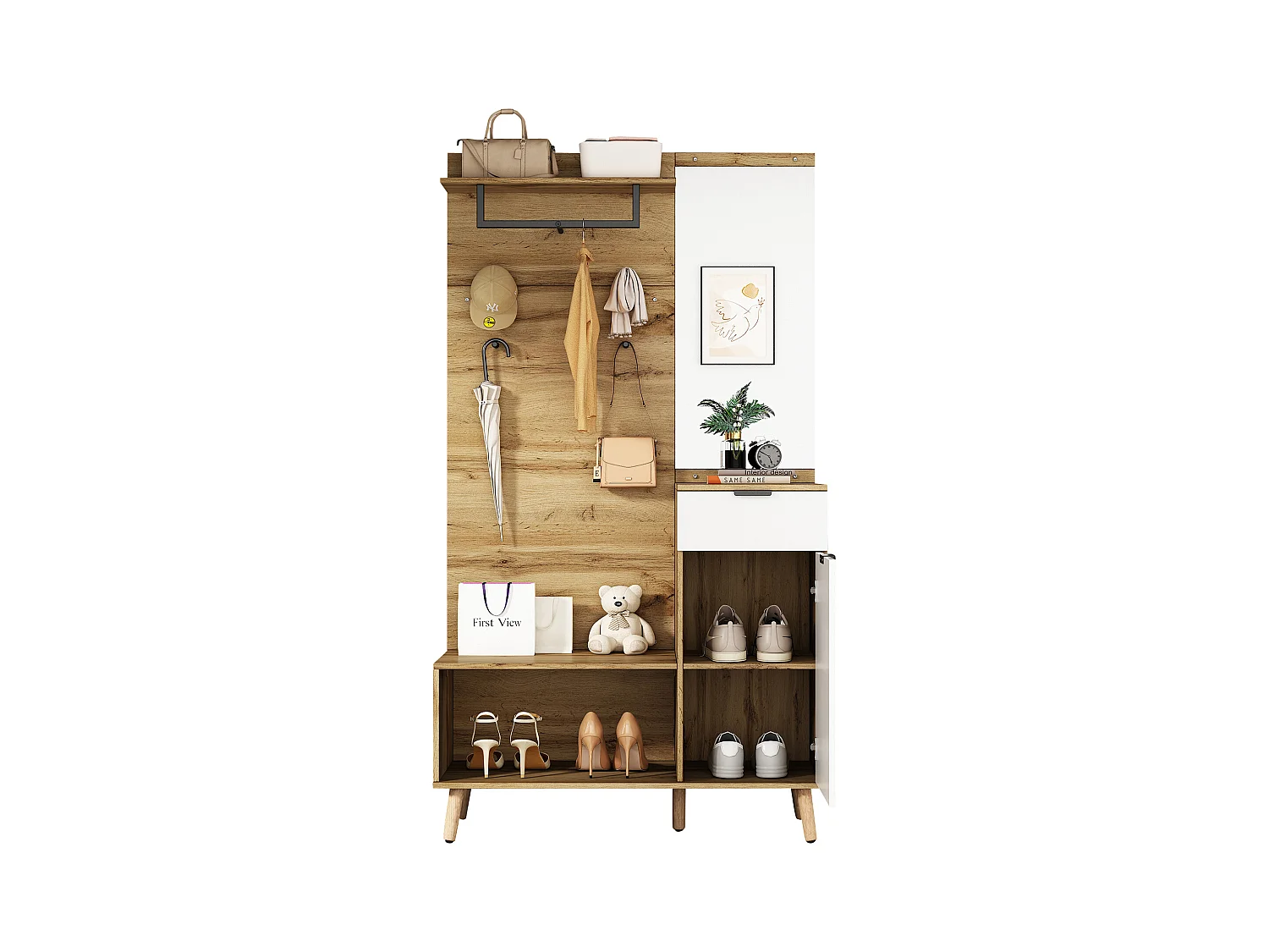 Mobile ingresso multifunzionale con specchio, scarpiera e contenitore, pannello truciolare, colore rovere (104x37x190 cm)