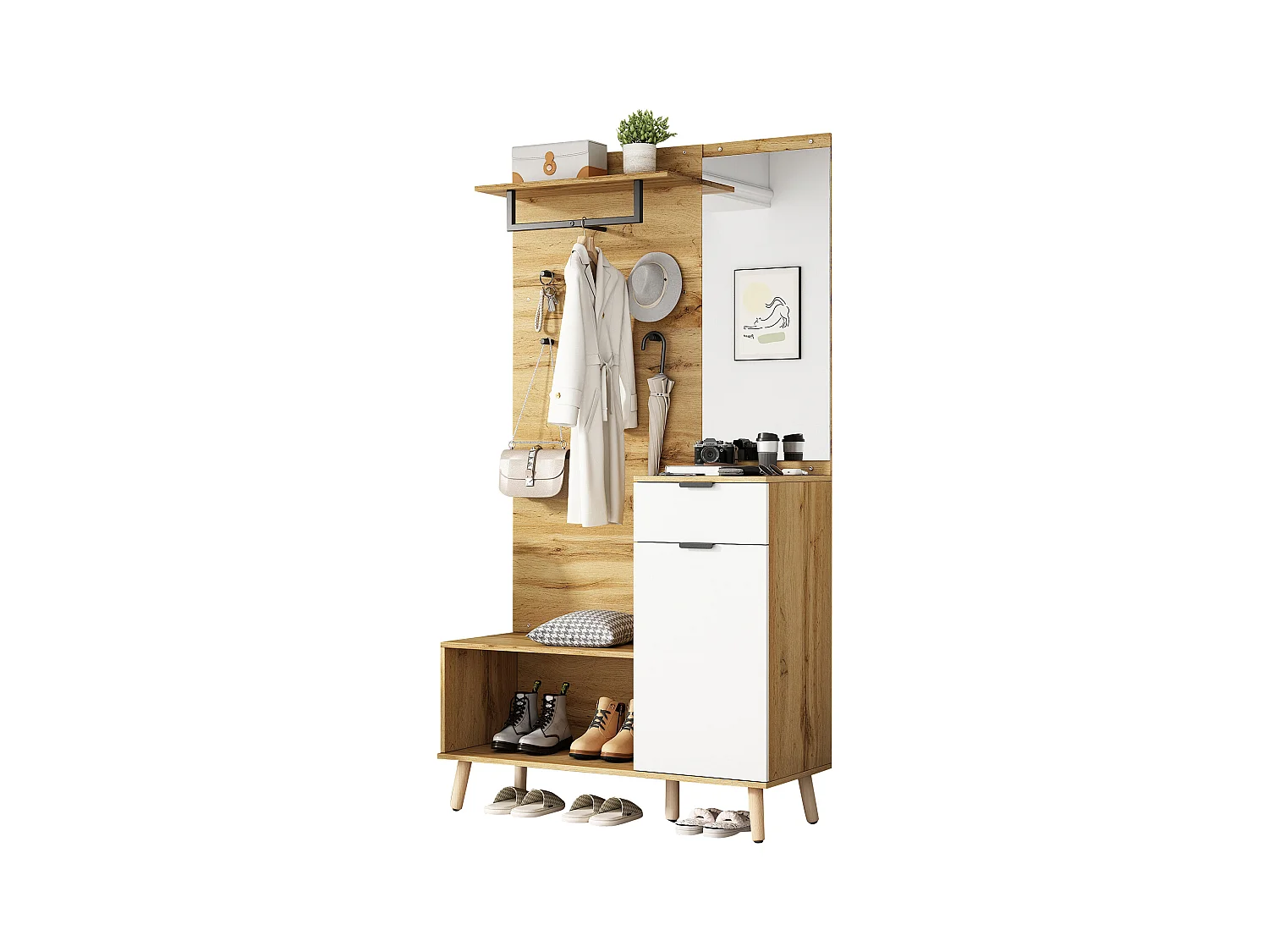 Mobile ingresso multifunzionale con specchio, scarpiera e contenitore, pannello truciolare, colore rovere (104x37x190 cm)