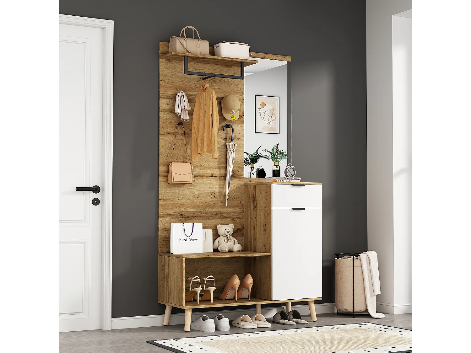 Meuble d'entrée multifonctionnel avec miroir, banc à chaussures et rangements, panneau de particules, couleur chêne (104x37x190 cm)