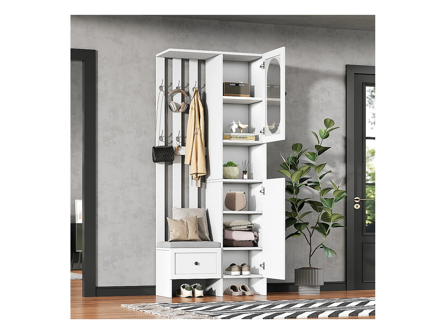 Mobiletto compatto da ingresso con 2 ante, vetro temperato e panca, pannello di particelle, bianco (85x33,5x200cm)