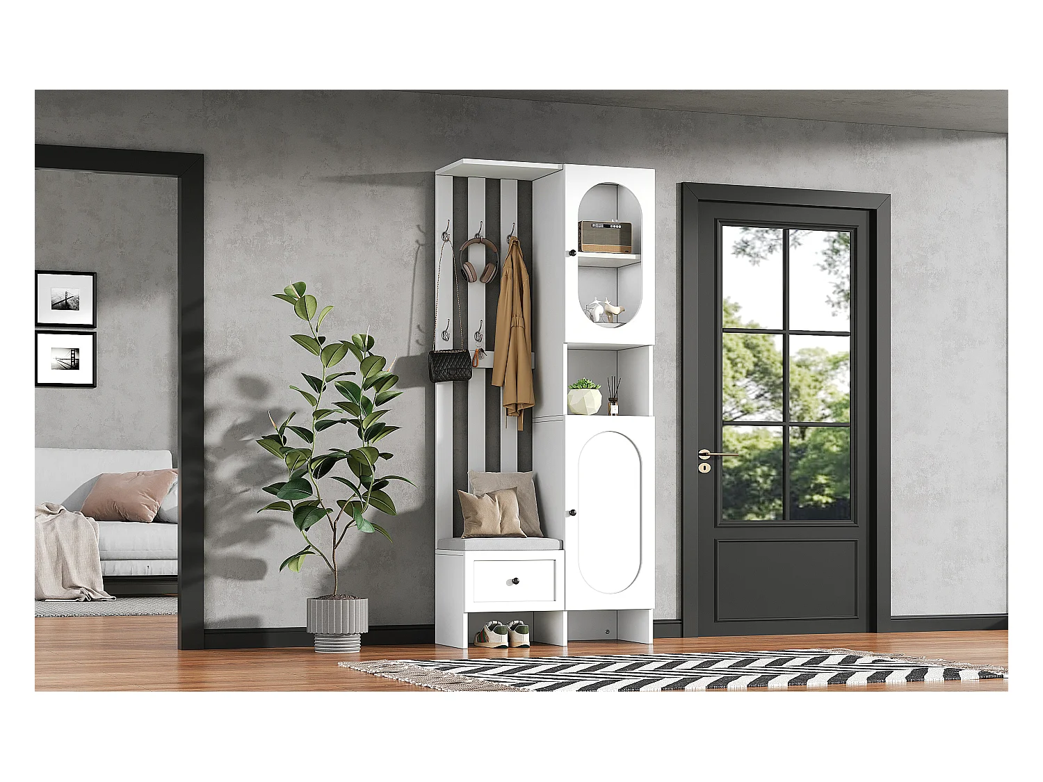 Mobiletto compatto da ingresso con 2 ante, vetro temperato e panca, pannello di particelle, bianco (85x33,5x200cm)