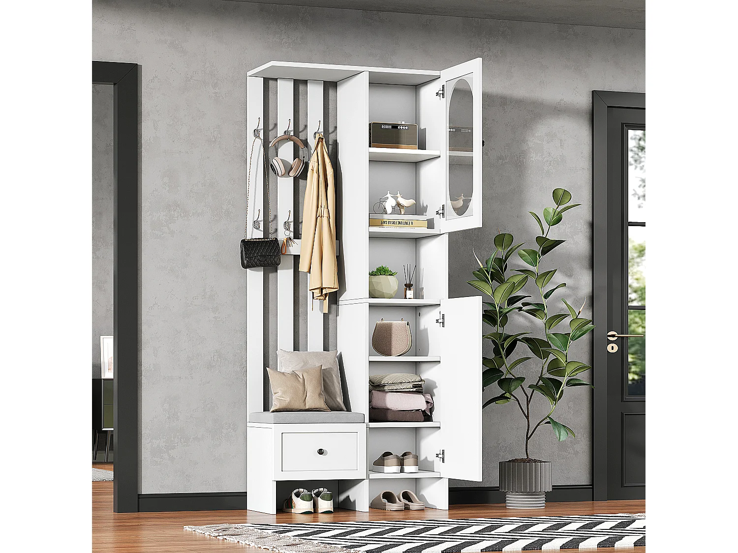 Armoire d'entrée compacte avec 2 portes, verre trempé et banc, panneaux de particules, blanc (85x33.5x200cm)