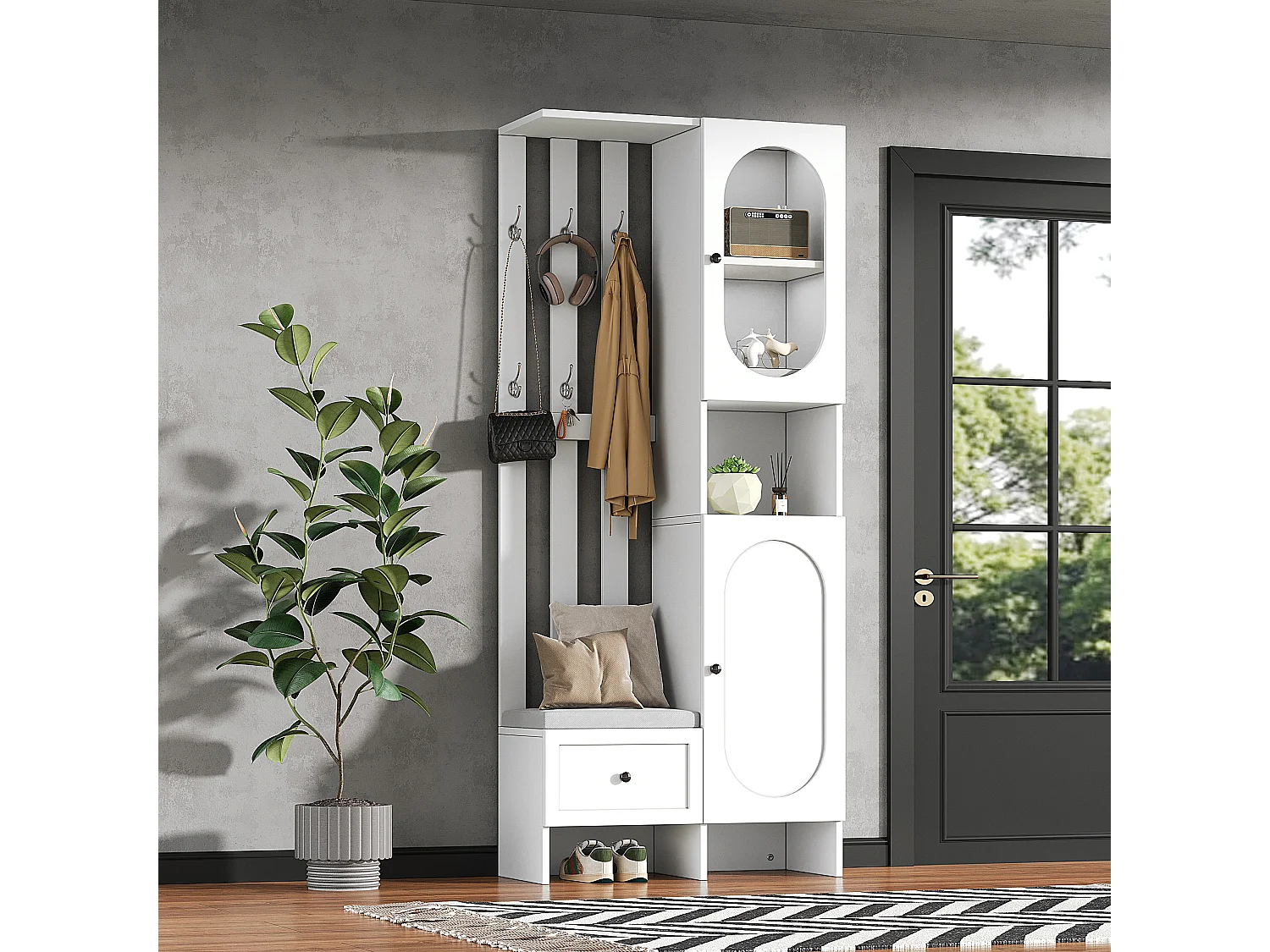 Armoire d'entrée compacte avec 2 portes, verre trempé et banc, panneaux de particules, blanc (85x33.5x200cm)