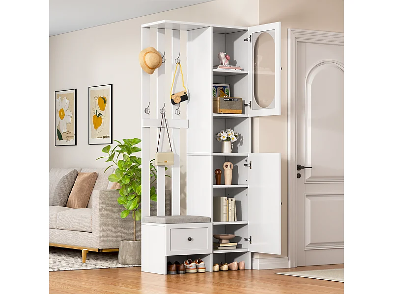 Mueble recibidor compacto con 2 puertas, cristal templado y banco, tablero de partículas, blanco (85x33,5x200cm)