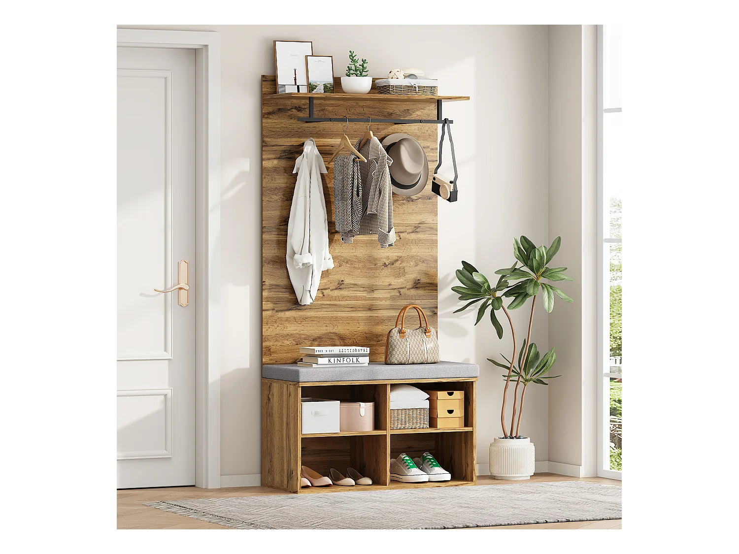 Appendiabiti con panca per scarpe, ripiano regolabile e gancio, design compatto in pannello di particelle, colore rovere (84x32x175cm)