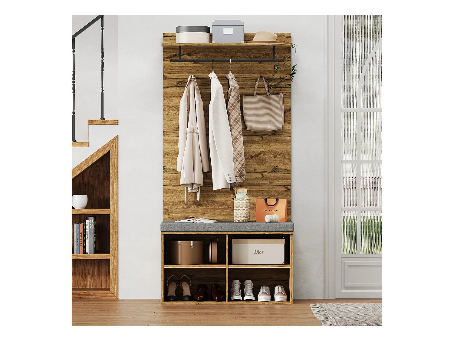 Appendiabiti con panca per scarpe, ripiano regolabile e gancio, design compatto in pannello di particelle, colore rovere (84x32x175cm)