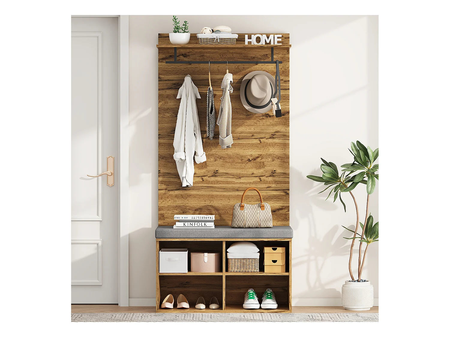 Appendiabiti con panca per scarpe, ripiano regolabile e gancio, design compatto in pannello di particelle, colore rovere (84x32x175cm)