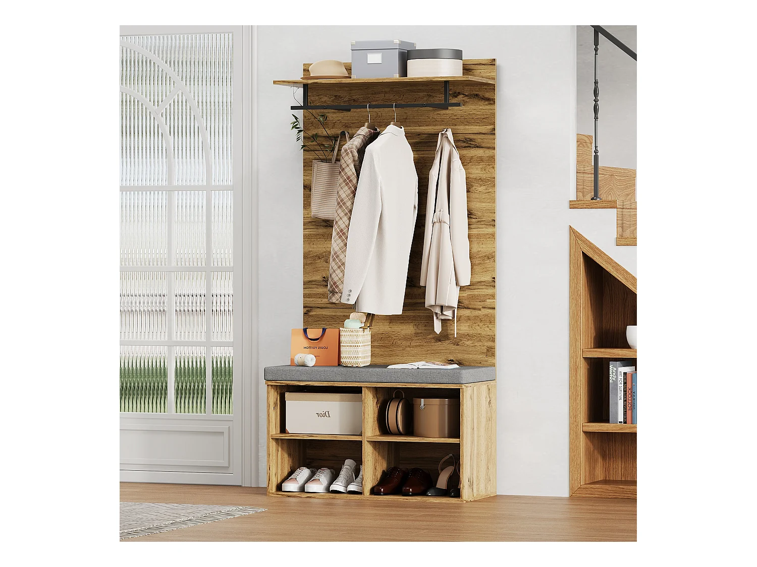 Appendiabiti con panca per scarpe, ripiano regolabile e gancio, design compatto in pannello di particelle, colore rovere (84x32x175cm)