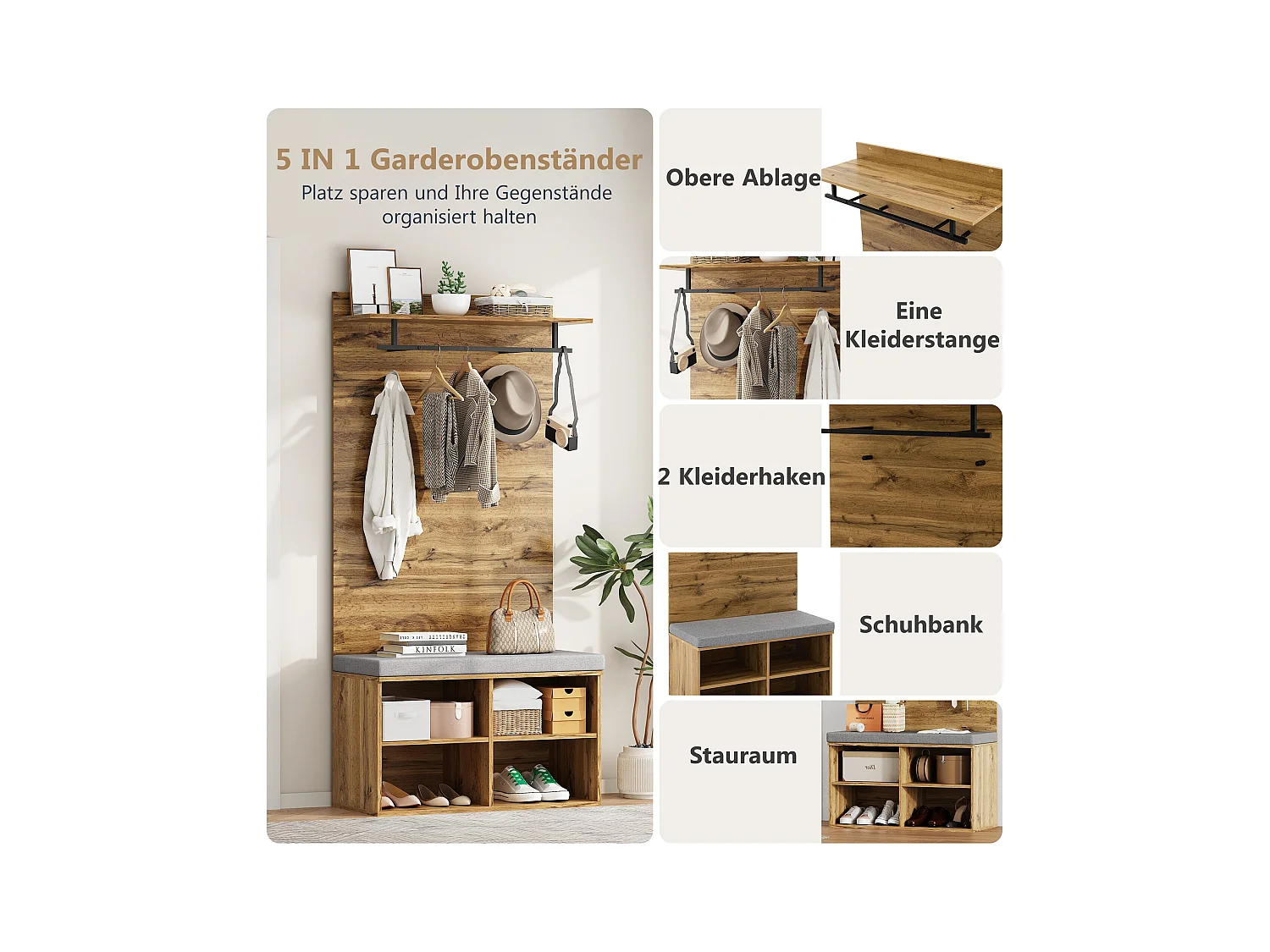 Appendiabiti con panca per scarpe, ripiano regolabile e gancio, design compatto in pannello di particelle, colore rovere (84x32x175cm)