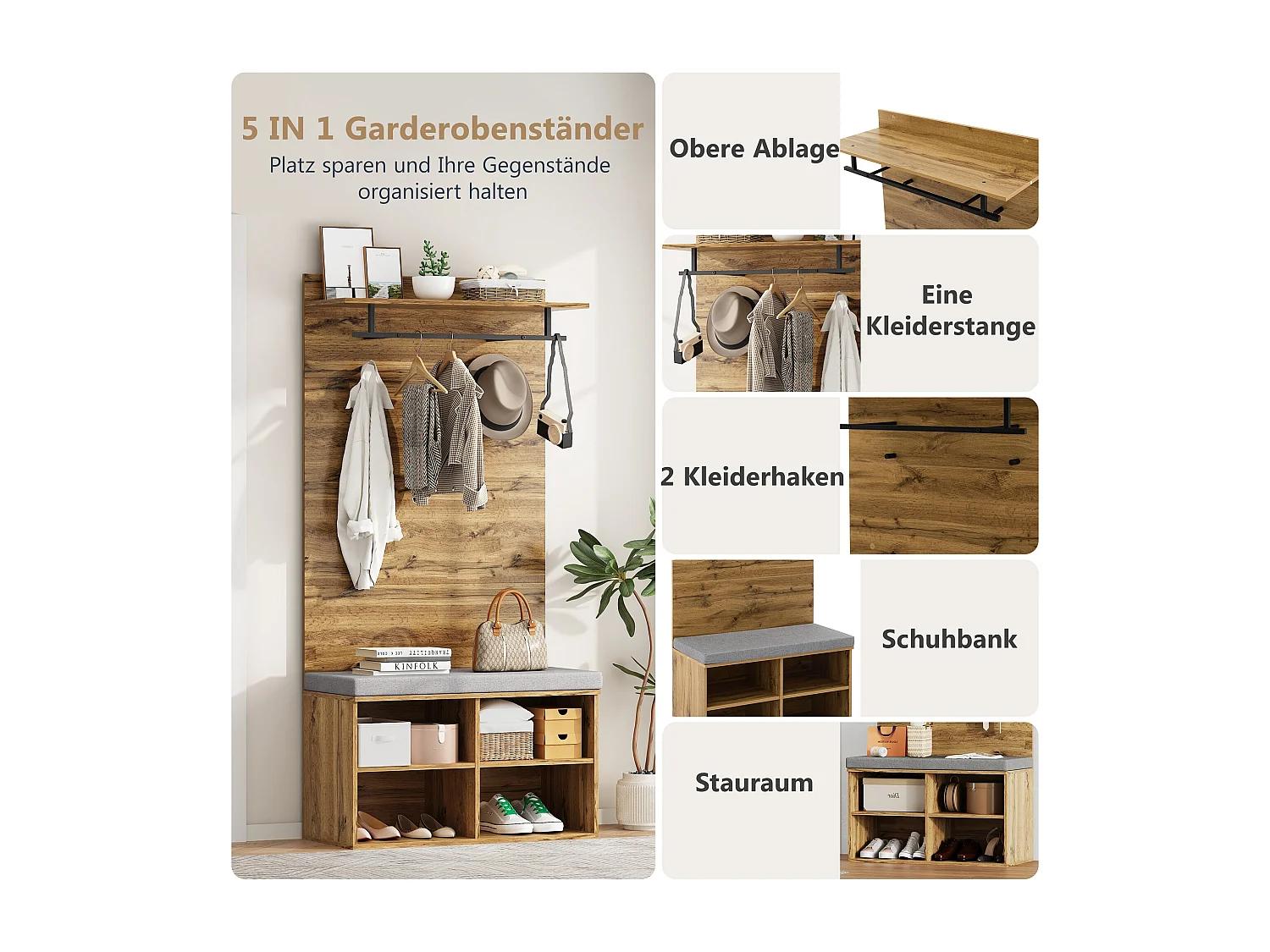 Porte-manteau avec banc à chaussures, étagère réglable et patère, design compact en panneau de particule, couleur chêne (84x32x175cm)