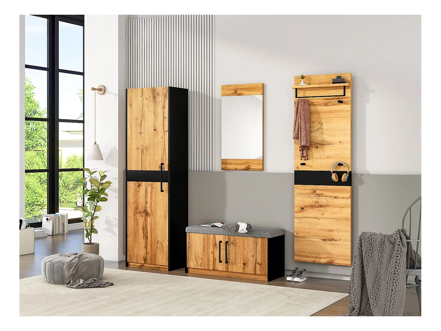 Set de vestiaire 4 pièces avec miroir et banc, design compact et pratique, panneau de particules, marron (190x86x41 cm)