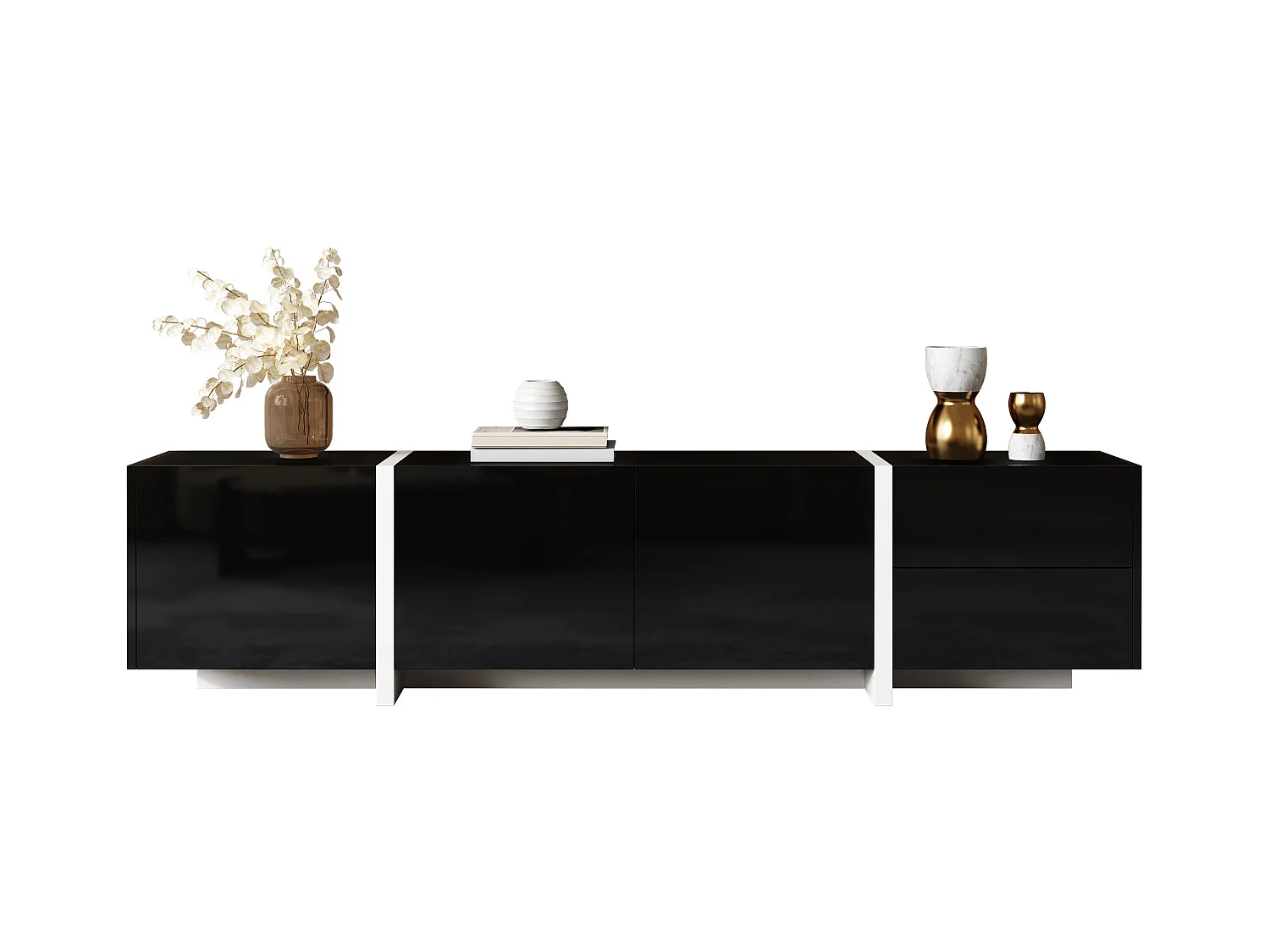 Meuble TV bas avec rangement, design haut brillant noir et pieds blancs contrastants, panneau de particules, noir et blanc (170x30x39cm)