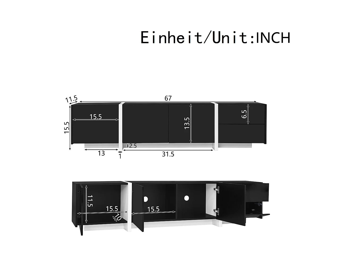 Meuble TV bas avec rangement, design haut brillant noir et pieds blancs contrastants, panneau de particules, noir et blanc (170x30x39cm)