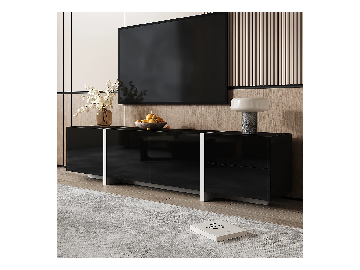 Meuble TV bas avec rangement, design haut brillant noir et pieds blancs contrastants, panneau de particules, noir et blanc (170x30x39cm)
