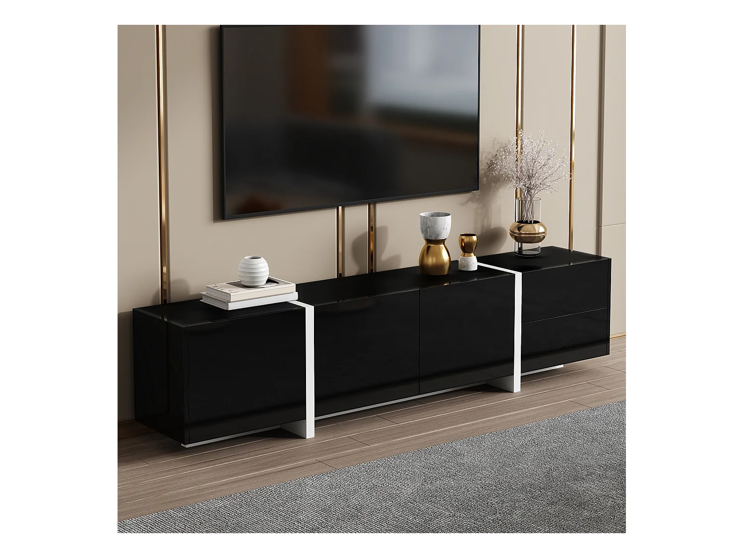 Meuble TV bas avec rangement, design haut brillant noir et pieds blancs contrastants, panneau de particules, noir et blanc (170x30x39cm)