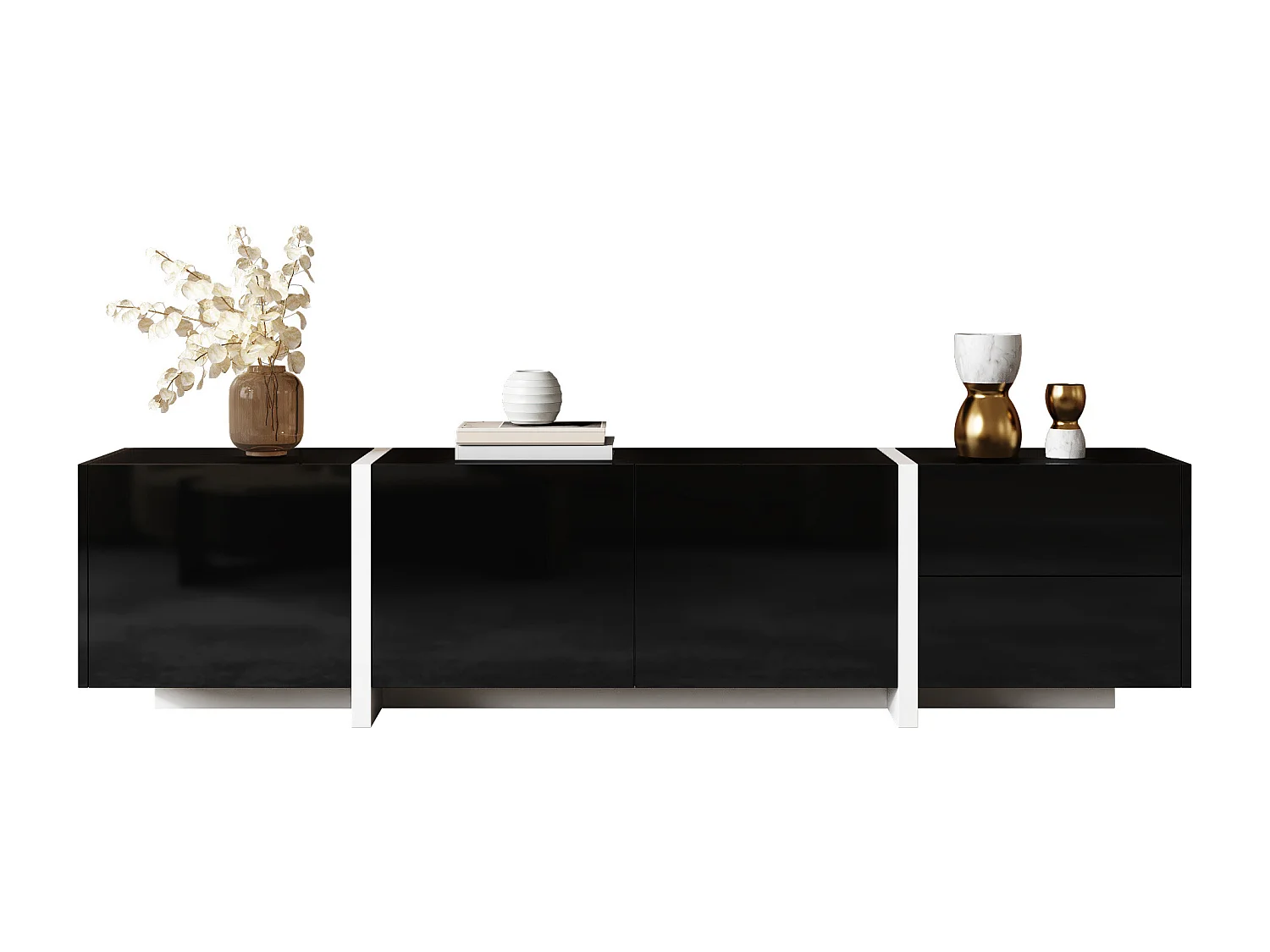 Meuble TV bas avec rangement, design haut brillant noir et pieds blancs contrastants, panneau de particules, noir et blanc (170x30x39cm)