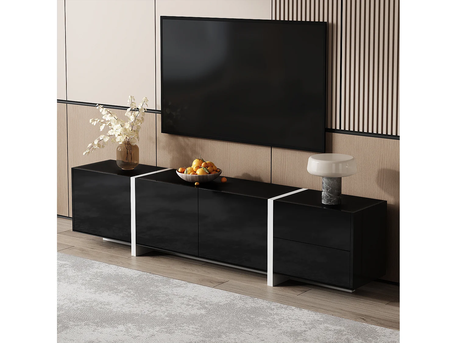 Meuble TV bas avec rangement, design haut brillant noir et pieds blancs contrastants, panneau de particules, noir et blanc (170x30x39cm)