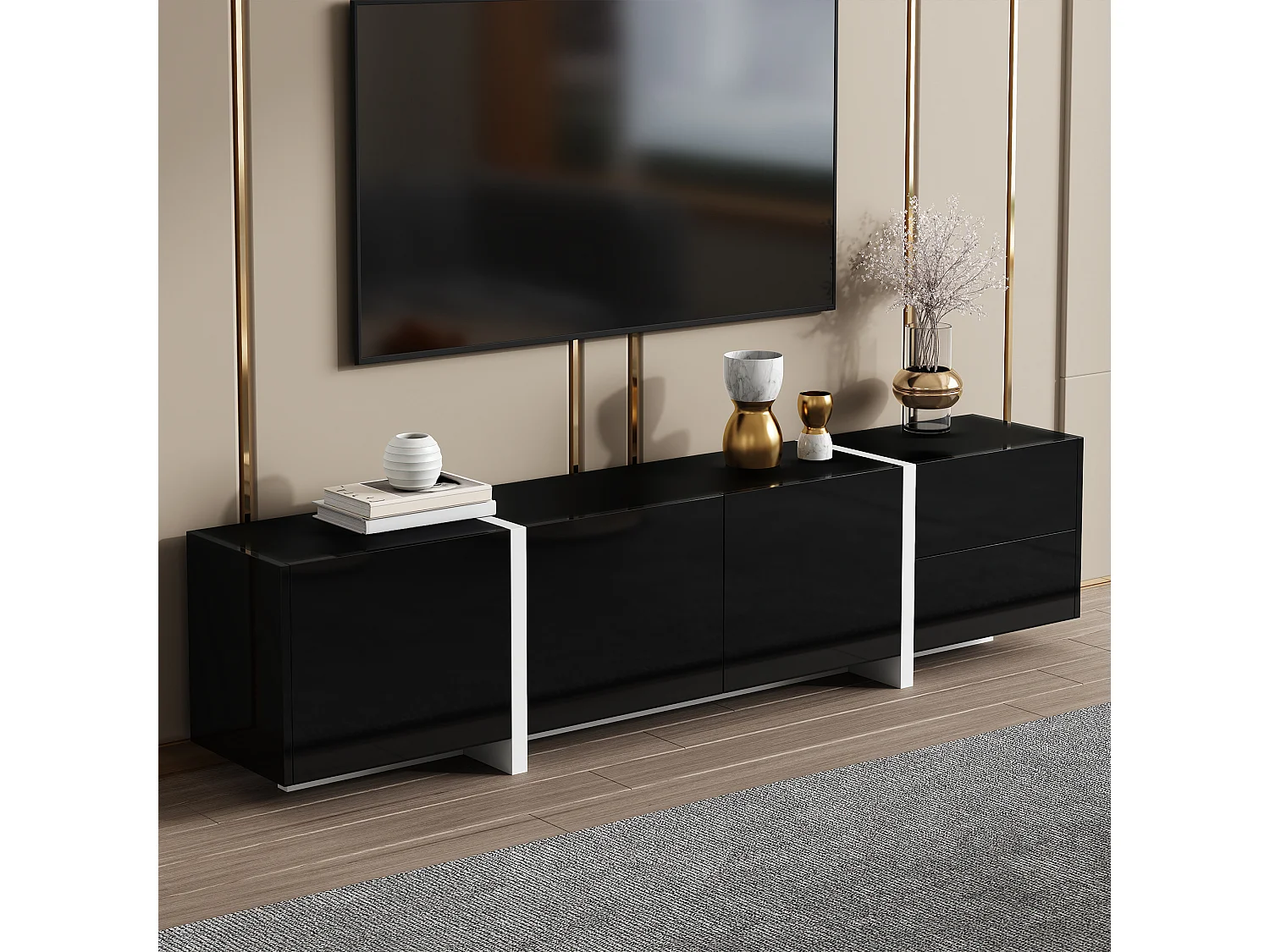 Meuble TV bas avec rangement, design haut brillant noir et pieds blancs contrastants, panneau de particules, noir et blanc (170x30x39cm)