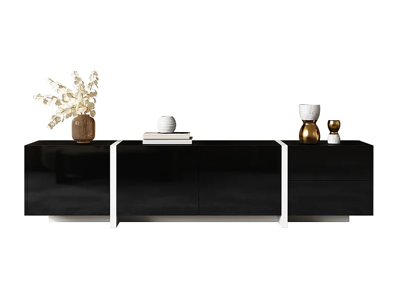 Meuble TV bas avec rangement, design haut brillant noir et pieds blancs contrastants, panneau de particules, noir et blanc (170x30x39cm)