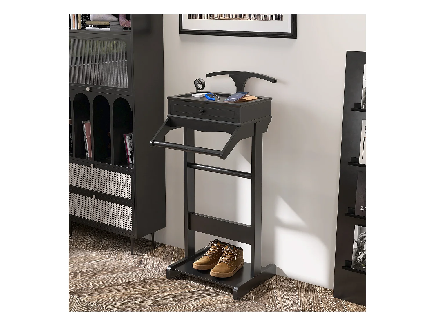 Porte-vêtements portable avec tiroir et étagère, design compact, MDF, noir (48x40.7x110 cm)